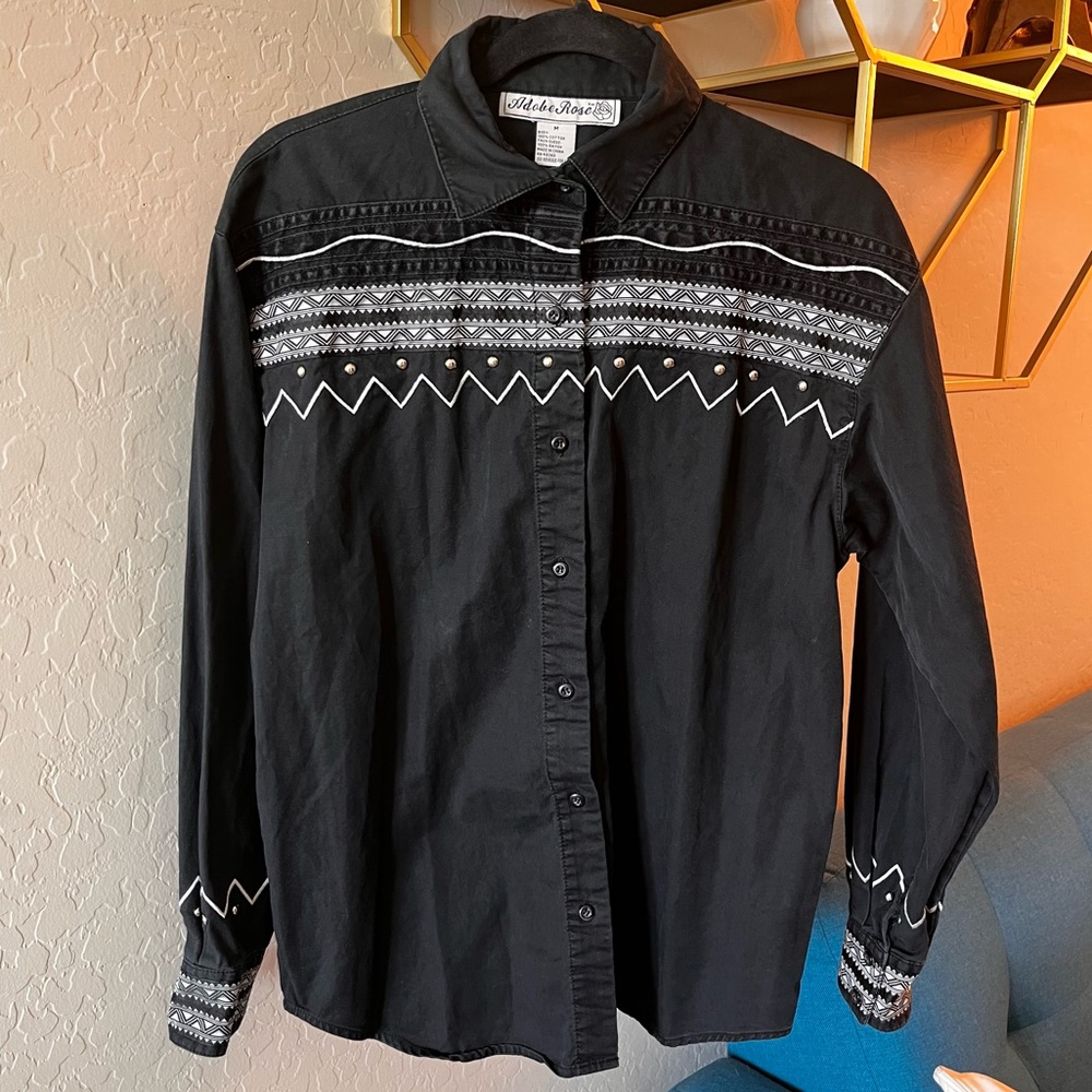Vintage Adobe Rose Black White Embellished Western Shirt size Medium M